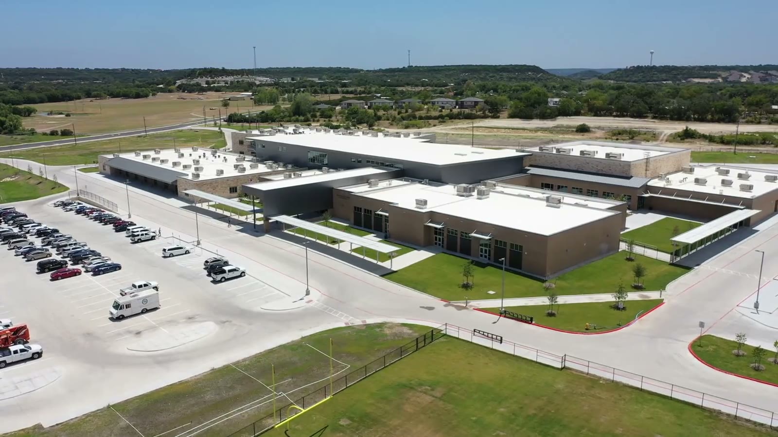 Aerial view of a Killeen ISD elementary school's white low-slope membrane roof